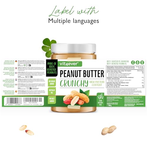 Erdnussbutter Crunchy - 1kg natürliche Peanut Butter Ohne Zusätze - High Protein - Erdnussmus ohne Zusätze von Salz, Öl oder Palmfett - Vegan