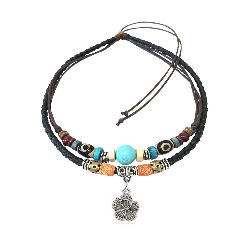 Goodern Necklace for Men & Women,Adjustable Double-layer Boho PU Leather Necklace Pendant Fashion Personalized Cuban Beaded Choker Necklace Unisex Retro Flower Necklace Jewelry for Women & Men-Silver