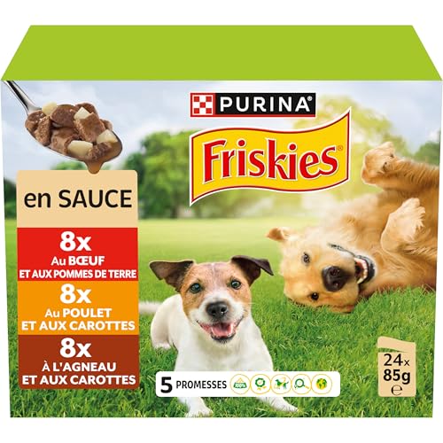 FRISKIES | Patée pour Chien Adulte | en Sauce | Au Poulet, Bœuf, Agneau et Légumes | Aide à Maintenir Un Regard étincelant, Un Poil Brillant et Une Peau Saine | Sachets Fraîcheurs | 24 x 85 g