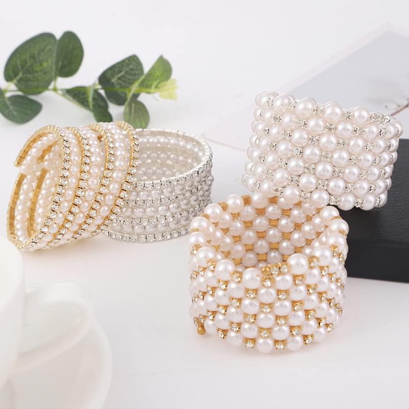 Fuqimanman2020 Multi Row Imitition Pearl Stretch Bracelet Stackable Crystal Strand Multi-Layered Elastic Bangle for Women 1920s Costume Vintage Bridal Wedding Jewelry-Silver A - Image 5