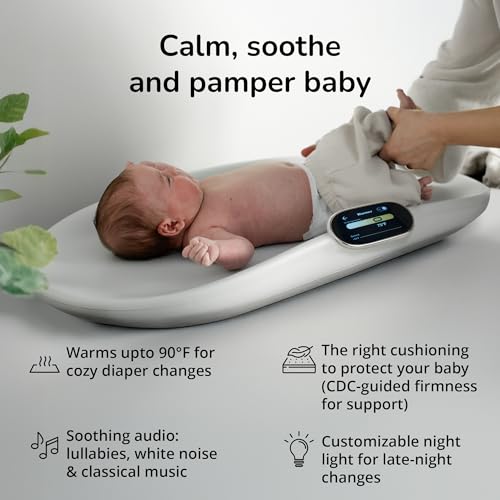 Woddle Baby All-in-One Smart Baby Monitor and Changing Pad, Includes Built in Scale for Weight Monitoring, Embedded Warmer, Night Light, Noise Machine and AI Parent Coach with Touchscreen Tracker