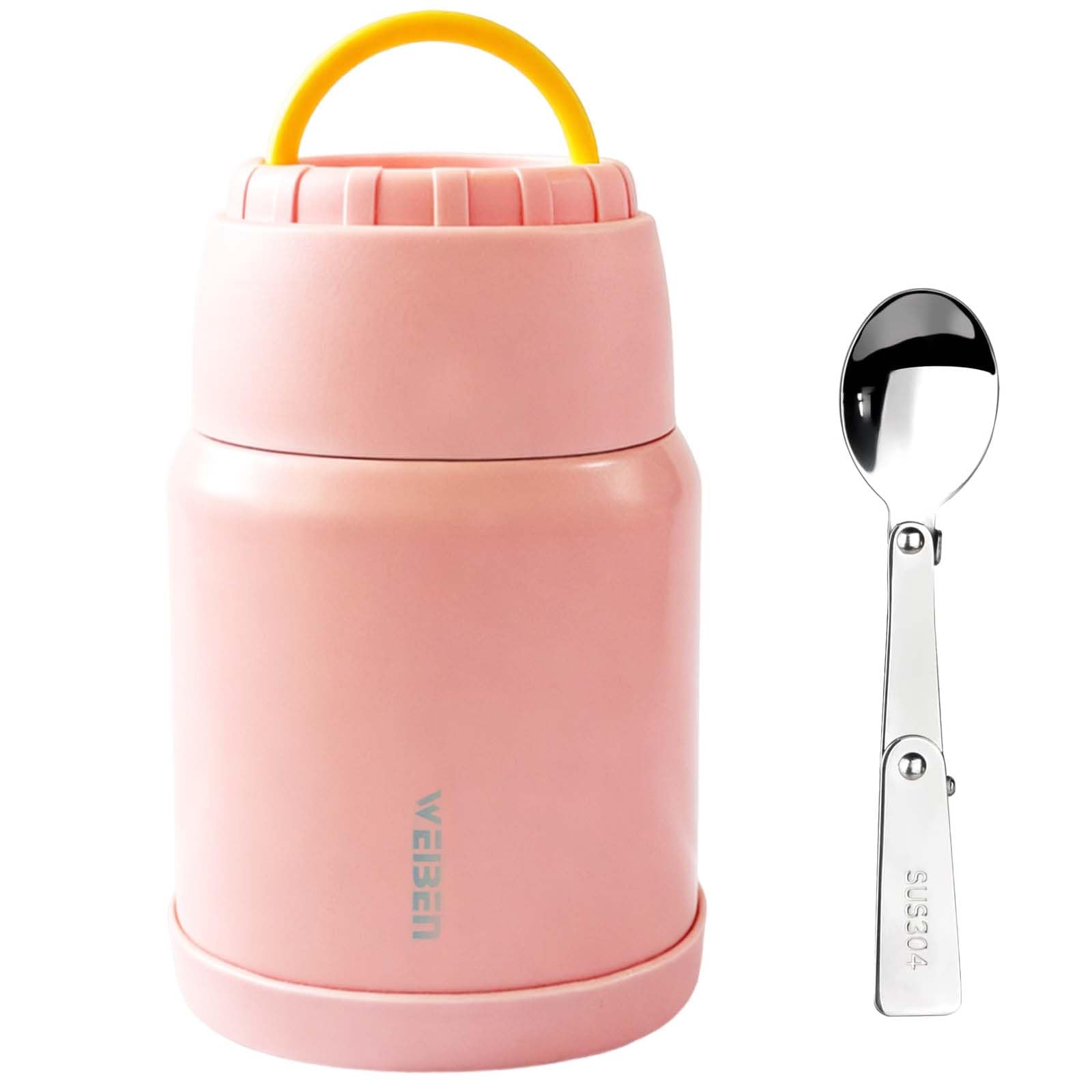 Food Flask, 600ml Thermal Lunch Box, 316 Stainless Steel Hot Food Containers, BPA Free Leakproof Insulated Food Container, Vacuum Insulated & Folding Spoon, Suitable for Hot and Cold Meals (Pink)