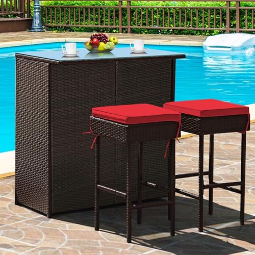Image of OUTLIVING Patio Rattan Wicker Bar Table with Glass Top and 2 Cushion Stools | Multipurpose 2 Seater Outdoor Bar Set Furniture for Home, Garden, Porch, Backyard, Lawn and Poolside (Brown-Red)