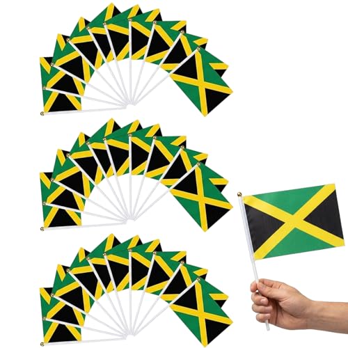 30pcs Jamaican Flag 14x21cm Festival Flags Jamaica With A 30cm White Flagpole Mini Flags For Celebrations Jamaican Bandana Design Mini Flags For Events