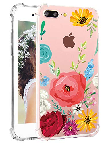 Hepix Flower Floral iPhone 7 Plus Case Color Flower, iPhone 8 Plus Case Pink Big Blossom for Women Girl, Cute Pretty Clear iPhone 7/8 Plus Case Sunflower with Protective Bumpers Flexible Protective