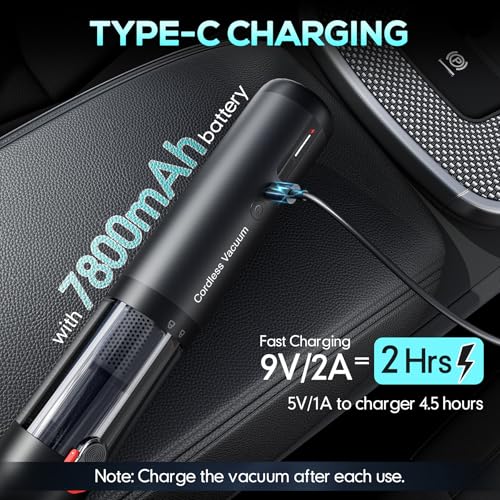 Image of Cordless Car Vacuum, 21KPa Portable Handheld Car Vacuum Cleaner | Pre-filter & HEPA Filter System, 7800mAh Battery, Mini Vacuum with Multi Nozzles for Car, Home, Office, Pet Hair Cleaning