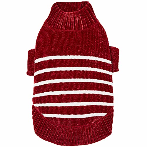 Blueberry Pet Cozy Soft Chenille Classy Striped Dog Sweater in Burgundy Red, Back Length 12', Pack of 1 Clothes for Dogs