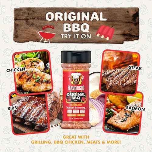 Image of Flavor God 2 Bottles Original BBQ Rub Mix, Natural Healthy Spice Blend For Grilling Chicken, Wings, Beef, Pork, Bacon, Eggs, Seafood, Vegetables, Salad, Tacos, Kosher, Gluten & Dairy Free Steak