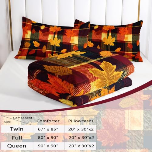 Image of AILONEN Fall Leaf Patchwork Queen Bedding Set 3 Piece, 1 Comforter + 2 Pillowcases, Amber Crimson Foliage Dark Plaid Grid Warm Seasonal Print for Country Main Bedroom