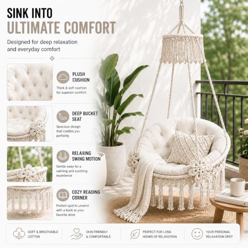 Image of Premium King Size Hammock Chair Swing with Cushion, 200kg Capacity | Indoor Outdoor Heavy Duty Adults & Kids Hanging Jhula for Home, Garden, Patio & Balcony | 1 Year Warranty (Off White)
