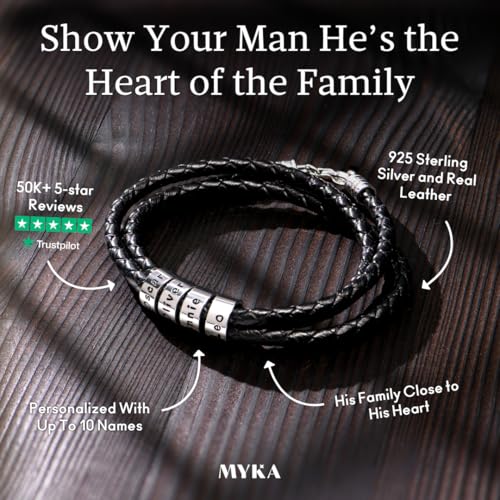 Personalized Braided Leather Bracelet with Silver or Gold Beads for Him, Men - Custom Gift for Father's Day - Genuine Leather - Engraved Sterling Silver or 14K Solid Gold Beads - By MYKA2