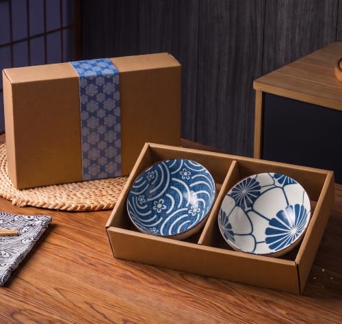 Image of Premium Ceramic Bowl Japanese Style Porcelain Rice, Soup & Dessert Bowls - Assorted Floral & Wave Patterns - Microwave & Dishwasher Safe - Gift Box Packaging (Blue & White Printed, Pack of 2)