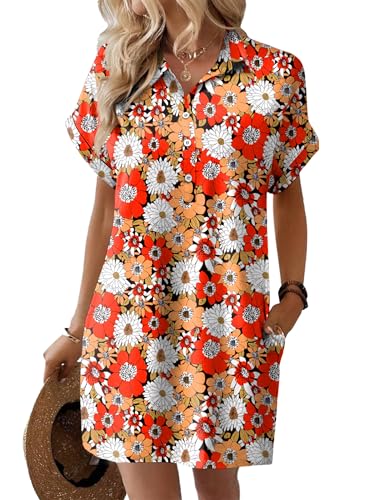 Image of HOTOUCH Womens Summer Shirt Dress 2026 Short Sleeve Floral Shift Dress Casual Loose Flowy Beach Sundress with Pockets