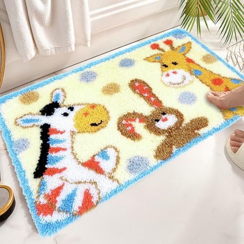Image of kingsea Latch Hook Kits DIY Crochet Needlework Crafts Color Printed Rug Cover Cushion Carpet, Latch Hook Kits for Adults Teen Home Decoration, Giraffes - 20 inchX 15 inch