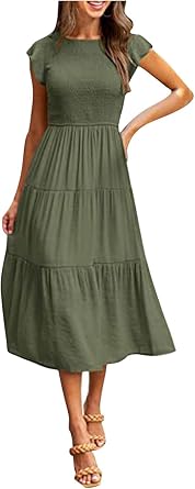 Womens Flutter Short-Sleeved Swing Dress Smocked Ruched Layered A Line Dresses Square Neck High Waist Midi Dress