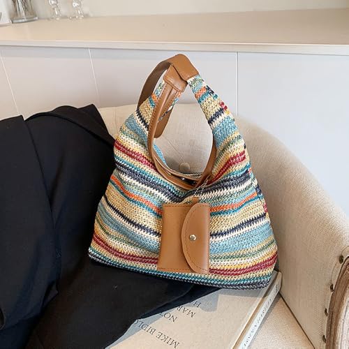 Women's Woven Beach Shoulder Handbag Colorful Straw Tote Bag Summer Vacation Crossbody Bag4