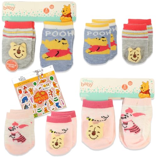 Image of Winnie The Pooh Baby Socks Newborn - Winnie the Pooh Socks Infant Bundle Includes 4 Pairs of Winnie the Pooh Newborn Socks For 0-6 Months Old Babies & Stickers | Winnie The Pooh Baby Accessories