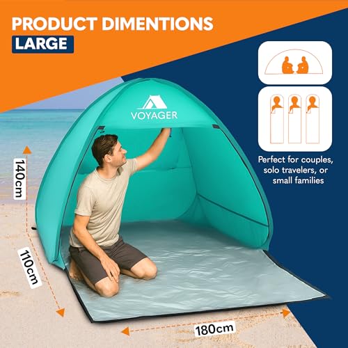 Voyager Beach Tent – Super Easy Pop-Up, Large Space, UPF 50+ UV Protection, Premium Quality, Lightweight & Portable, Versatile Outdoor Shade, 2-Person, Compact Folded Size (Teal)