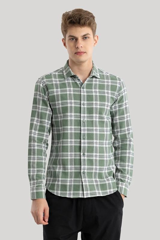 Image of Men's Cotton Casual Checked Classic Collar Slim Fit Shirt