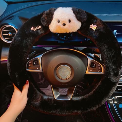 TQZQ Car Steering Universal 15 inch Wheel Pacha Dog Cover with Fluffy Gear Shift Cover Soft Warm Non-Slip Car Decoration for Women Girls (B)