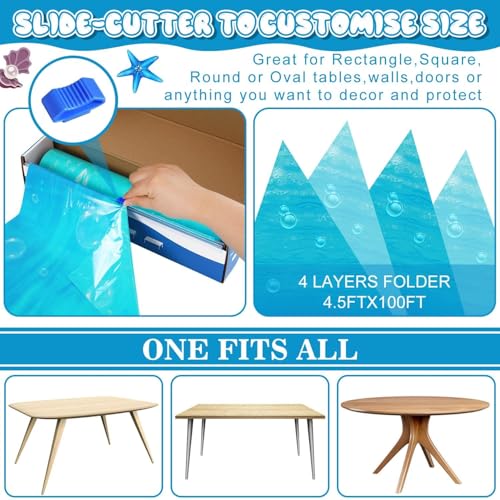Image of 1 Roll 1200 X 54 Inch Under The Ocean Tablecloth Slide Cutter Box Disposable Backdrop Mermaid Table Cover Sea Waves Bulletin Board Plastic for Water Beach Theme Birthday Party babyshower Decor