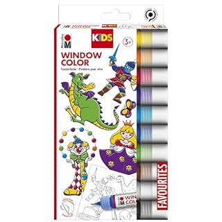 Marabu 0306000000100 - Kids Window Colour Set with 10 x 25 ml Paint and Painting Template A4 with 18 Designs, Water-Based Window Paint, Suitable for Glass, Mirrors, Tiles and Film