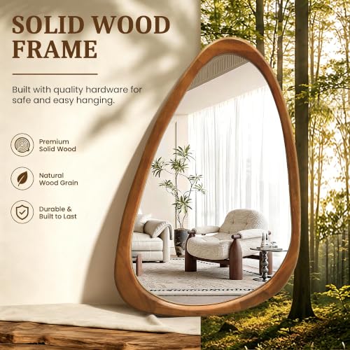 Image of Asymmetrical Mirror, 30 inchx20 inch Unique Irregular Wall Mirror, Wood Mid Century Modern Mirror Decor for Bathroom Bedroom Living Room Entryway Hallway (Natural Wood)
