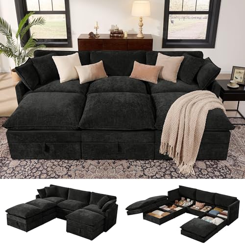 Image of Ihanherry Oversized Sectional Sofa Bed with Storage, 103 inch 6-Seater Modular Cloud Couch with Movable Ottomans, Chenille Deep Seat Sleeper Couches for Living Room (Black)