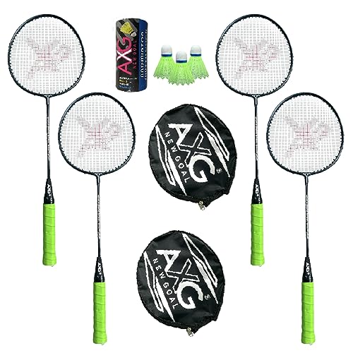 Image of AXG Scratch Resistant A-2000 Badminton Racquets Set of 4 with 3 Plastic Shuttles Badminton Kit (Green)