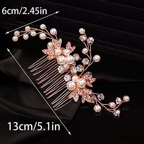 Teyglen Wedding Leaf Hair Comb Bridal Crystal Pearl Hair Pieces Handmade Gold Leaf Side Hair Comb For Bride Rhinestone Hair Pieces Headpieces Bridal Hair Accessories For Women Girls (Gold) #TOP4