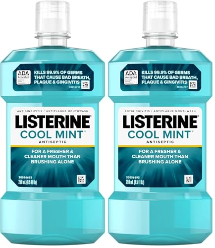 Listerine Cool Mint Antiseptic Mouthwash, Daily Oral Rinse Kills 99.9% of Germs That Cause Bad Breath, Plaque and Gingivitis. for a Fresh, Clean Mouth, Cool Mint Flavor, 250 mL/ 8.5 Fl. Oz.