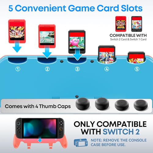 Image of OIVO Grip Compatible with Nintendo Switch 2, Switch 2 Ergonomic Grip Case with Adjustable Stand, Comfort Game Accessories with 5 Game Card Slots and 4 Thumb Caps, Orange Blue