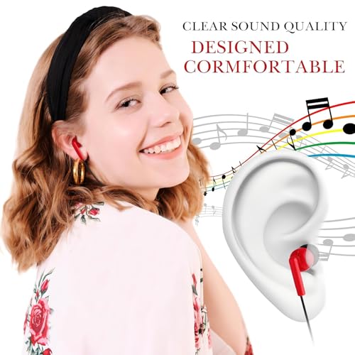 Image of Kanayu 100 Pack Wired Earbuds Bulk for Classroom, 3.5MM No Mic,Red