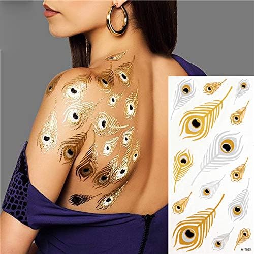 Oottati Assorted Metallic Temporary Tattoo Gold Silver Peacock Feather (2 Sheets)