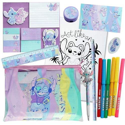 Disney Stitch - Kit Créatif Fille 6-10 Ans – Set de Coloriage et Papeterie – Idée Cadeau Anniversaire – Trousse + Feutres + Autocollants – Activité...