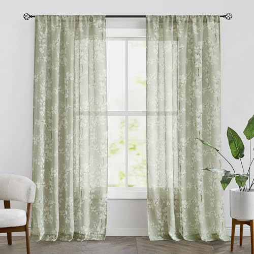 Image of FMFUNCTEX Linen Sheer Blossom Floral Curtains Sage Green 96 Inch 2 Panels | Rod Pocket Rustic Drapes, Farmhouse Flower Patterned Window Curtain, Light Filtering Privacy for Living Room and Bedroom
