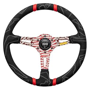 MOMO Motorsport Ultra Street Steering Wheel Black Premium Microfiber Grip, Red Anodized w/Logo Spoke, Double Red Stripe Center, 350mm