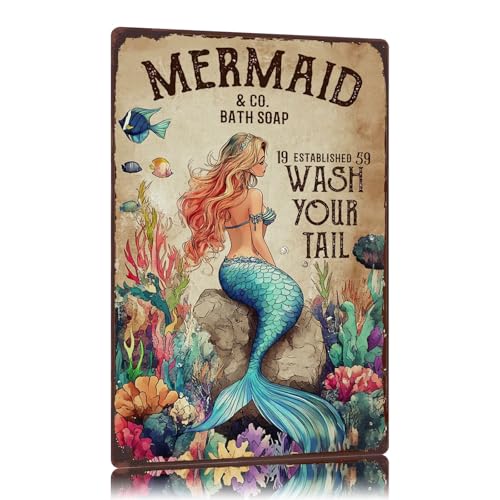 WIZYXQ Vintage Tin Sign Mermaid And Co Bath Soap Wash Your Tail Metal Signs Funny Wall Decor for Bathroom Toilet Home Bar Cafe 12×8 Inch