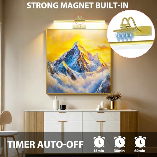 Image of Picture Light,Magnetic Wall Lights 5000mAh,16 inch Art Light for Painting,Gold | Photo Lights for Wall Rechargeable,Remote Timer and Dimmer Gallery Light,Metal Gallery Light for Portrait Display Frame