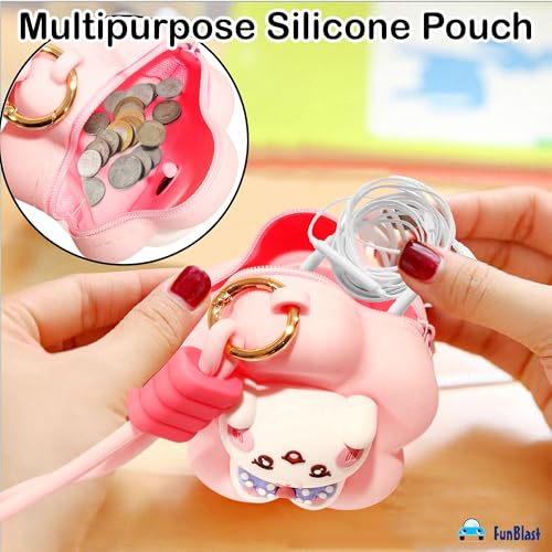 Image of FunBlast Soft Silicone Coin Pouch - Cute Animal Design Mini Purse with Strap, Multipurpose Silicone Pouch, Small Zipper Wallet for Kids & Girls, Kawaii Coin Bag - 9 X 9 X 6.5 cm (Pink)