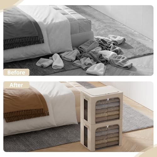 Image of FHSQX 2 Pack Clear Window Storage Bins - Large Stackable Linen Fabric Storage for Clothes Foldable Container Organizer Set with Carrying Handles (Beige, 16.5x 12.2x 12.2Inch)