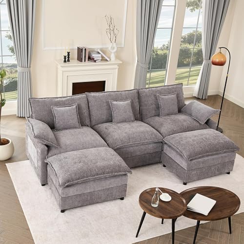 108″ U Shaped Couch, Modular Sectional Sofa, 3-Seater Comfy Cloud Couch with Movable Ottoman, Deep Seat Couches for Living Room, Chenille, Slate