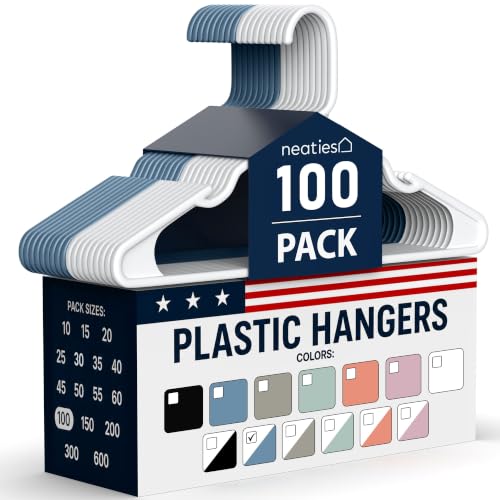 Neaties Plastic Hangers 100 Pack - Made in The USA - 6lb Capacity Standard Clothes Hangers with Notches and Reinforced Edges for Dresses, Lingerie, Shirts, Pants, and Jackets - White & Blue