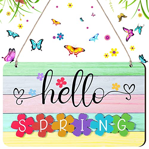 Hello Fall Sign Rustic Wood Decor Hello Winter Sign Summer Spring Farmhouse Wall Hanging Plaque Filleted Corner Wooden for Home Bathroom Indoor Outdoor, 10 x 5.5 Inch (Spring Style, Multi Colors)