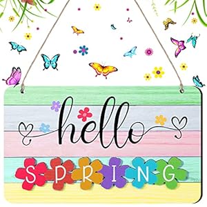 Blulu Hello Spring Door Sign Colorful Flowers Spring Decoration Wood Farmhouse Welcome Hanging Plaque Sign for Home Front Door Wall Porch Indoor Outdoor Decor10 x 55 Inch