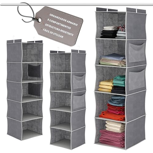 AMMERGI Juego de 2 Organizador de Armario Colgante con 5 Estantes y 2 Bolsillos Laterales - con Ganchos Metálicos Y Refuerzo de Bambú (Gris)