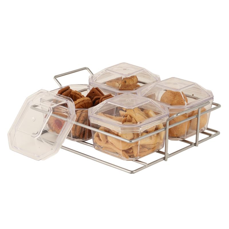 appeasy Nut and Candy Serving Tray, Divided Snack Serving Bowls, Plastic Compartment Appetizer Food Display Dish Platter with Lid-(Silver/4 Plastic Bowl/Metal Frame Tray) 3