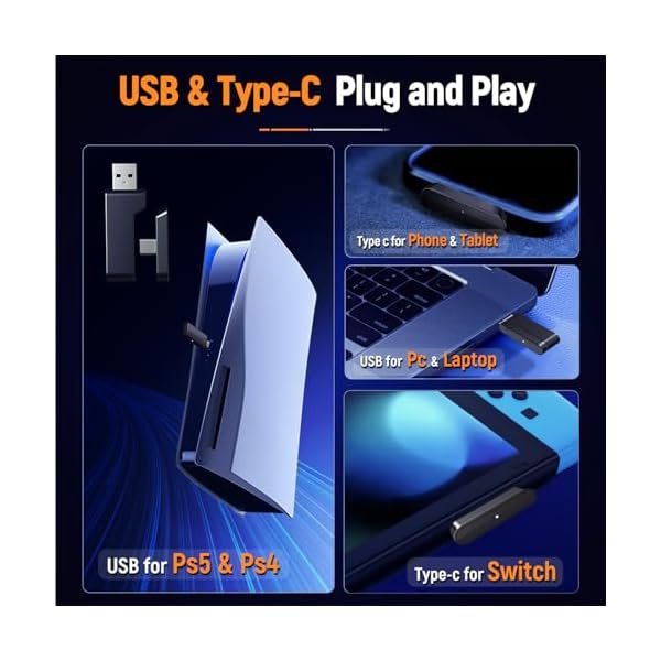 Ozeino Wireless Gaming Headset, Compatible with PC Ps5 Ps4 Boasts 2.4GHz Lossless Audio, USB & Type-C, Flip Microphone and 40-Hr Battery - Suited for Switch, Laptop, Mac - Image 6