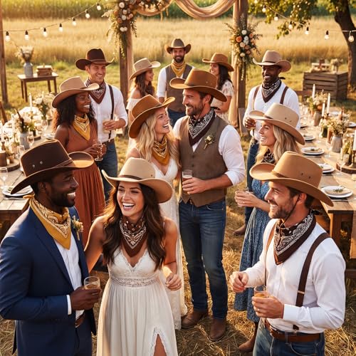 Image of Zhanmai 12 Pcs Cowboy Hat and Bandana Cowboy Cowgirl Hats Bulk Western Party Costume Halloween Accessory
