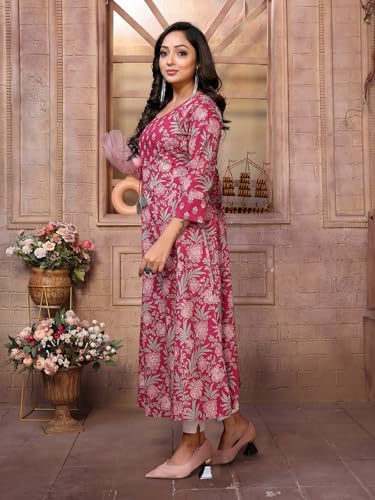 Image of rangita Women's Cotton Relaxed Fit Anarkali Embroide Calf Length Kurti | Kurta